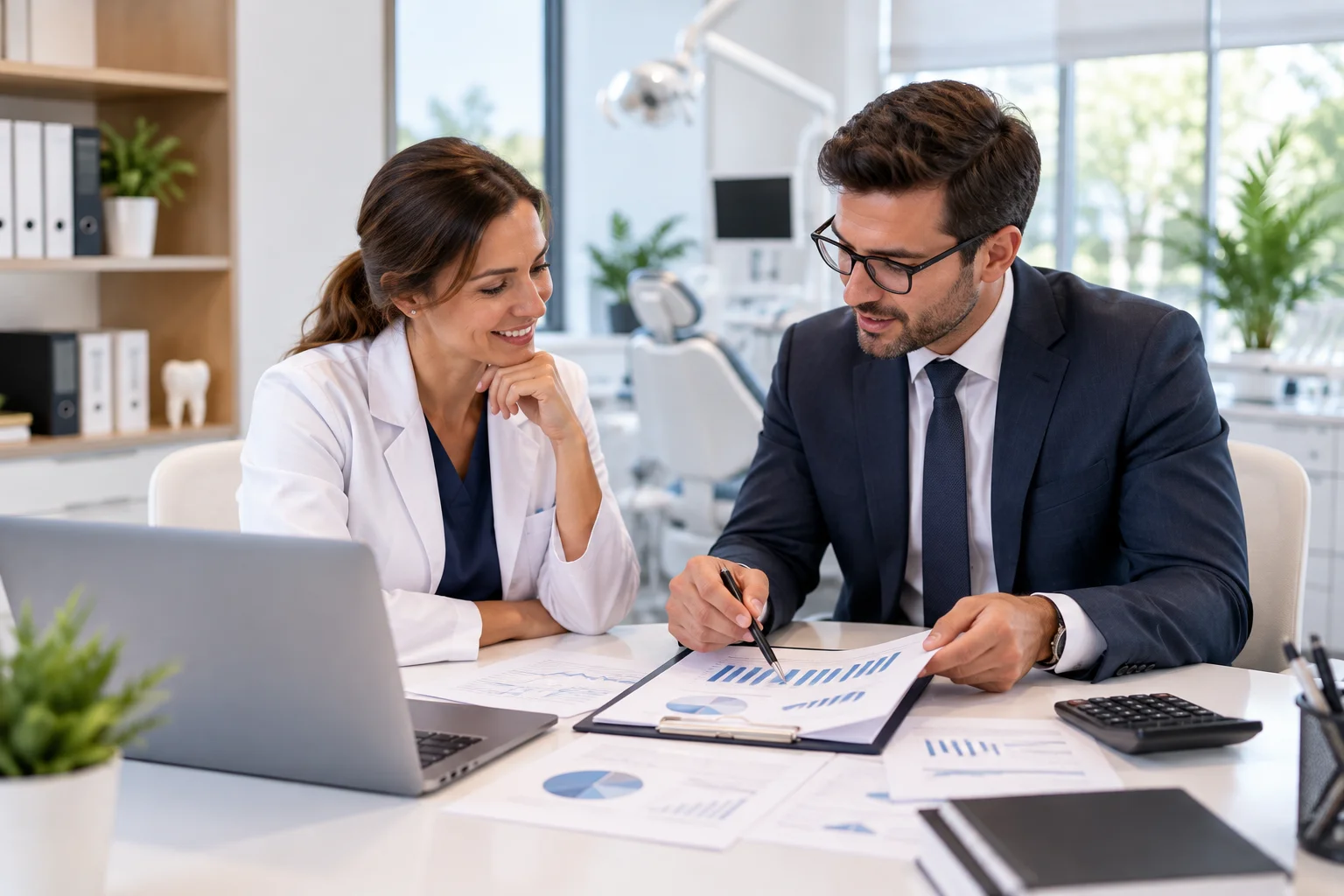Working through practice financials at a desk