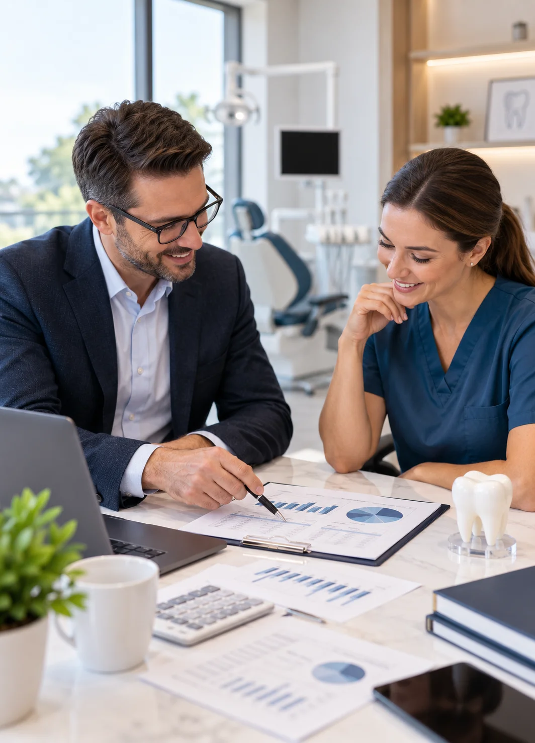Reviewing figures on screen in a practice office