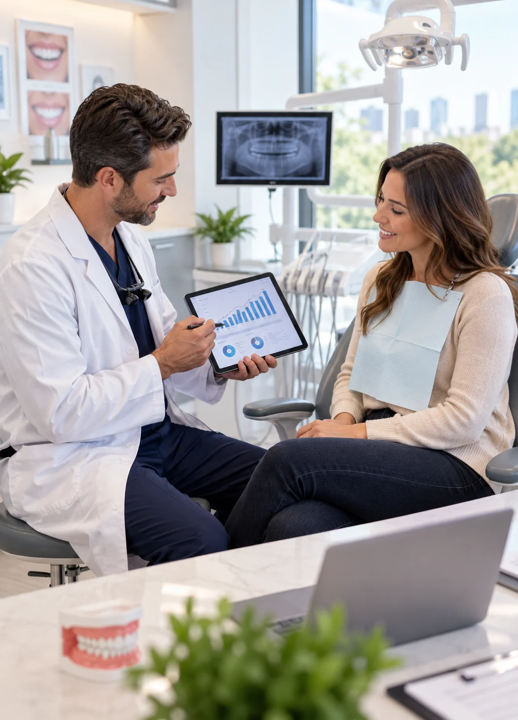 A dentist talking with a patient in a modern practice