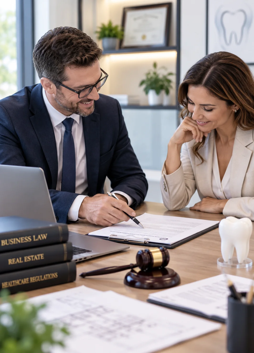 Reviewing paperwork at a practice desk